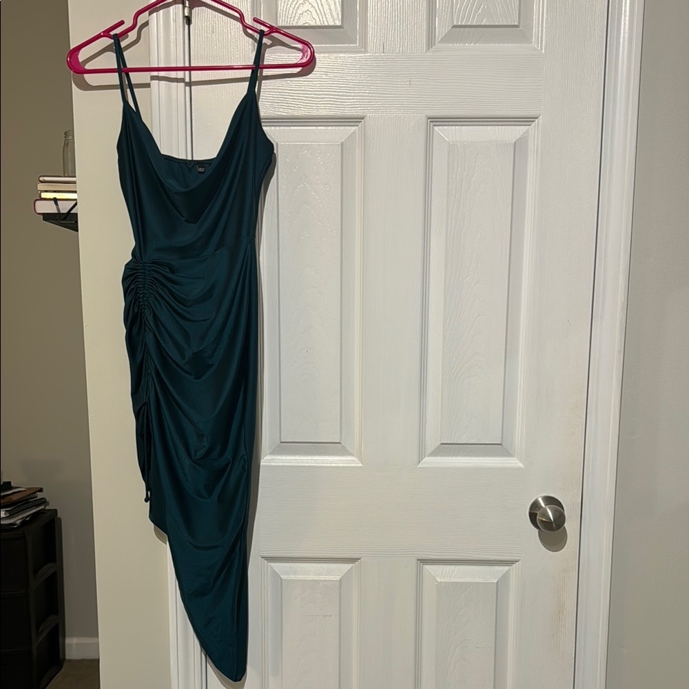 Windsor Green Asymmetrical Ruched Bodycon Dress